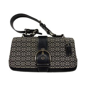 Coach Y2K Signature Jacquard Baguette Shoulder Bag Black Buckle Flap 7075
